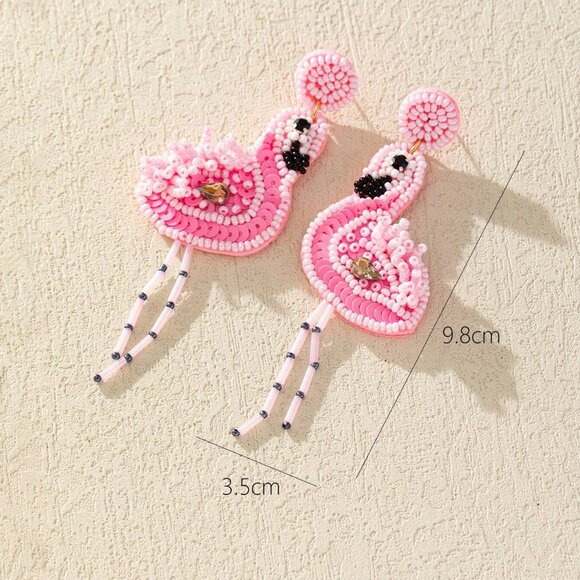 Light Pink Crystal Accent Seed Beaded Flamingo Tropical Bird Earrings - Picture 4 of 5